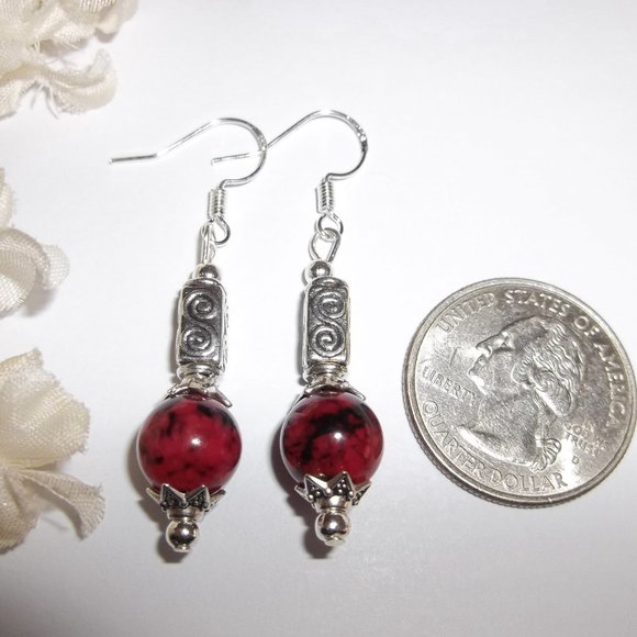 Dangle Earrings Set Dark Red and Silver Beaded Fashion Jewelry Gift for Her 7093 - Picture 3 of 8